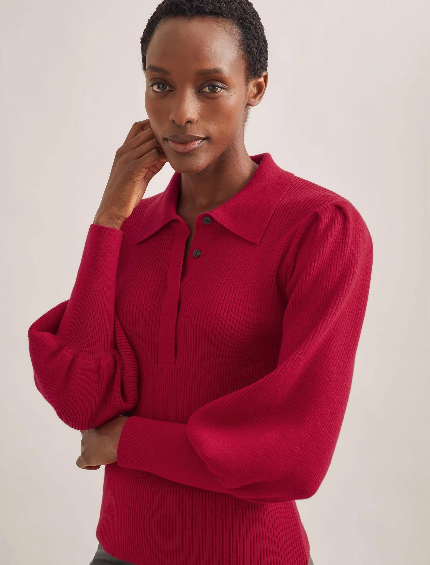 Eva Merino Wool Collared Jumper - Red 1 Eva Merino Wool Collared Jumper - Red