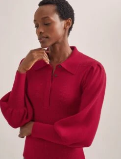 Eva Merino Wool Collared Jumper - Red 9 Eva Merino Wool Collared Jumper - Red -CEFINN Shop RSHT K143 EVA RED LS 496