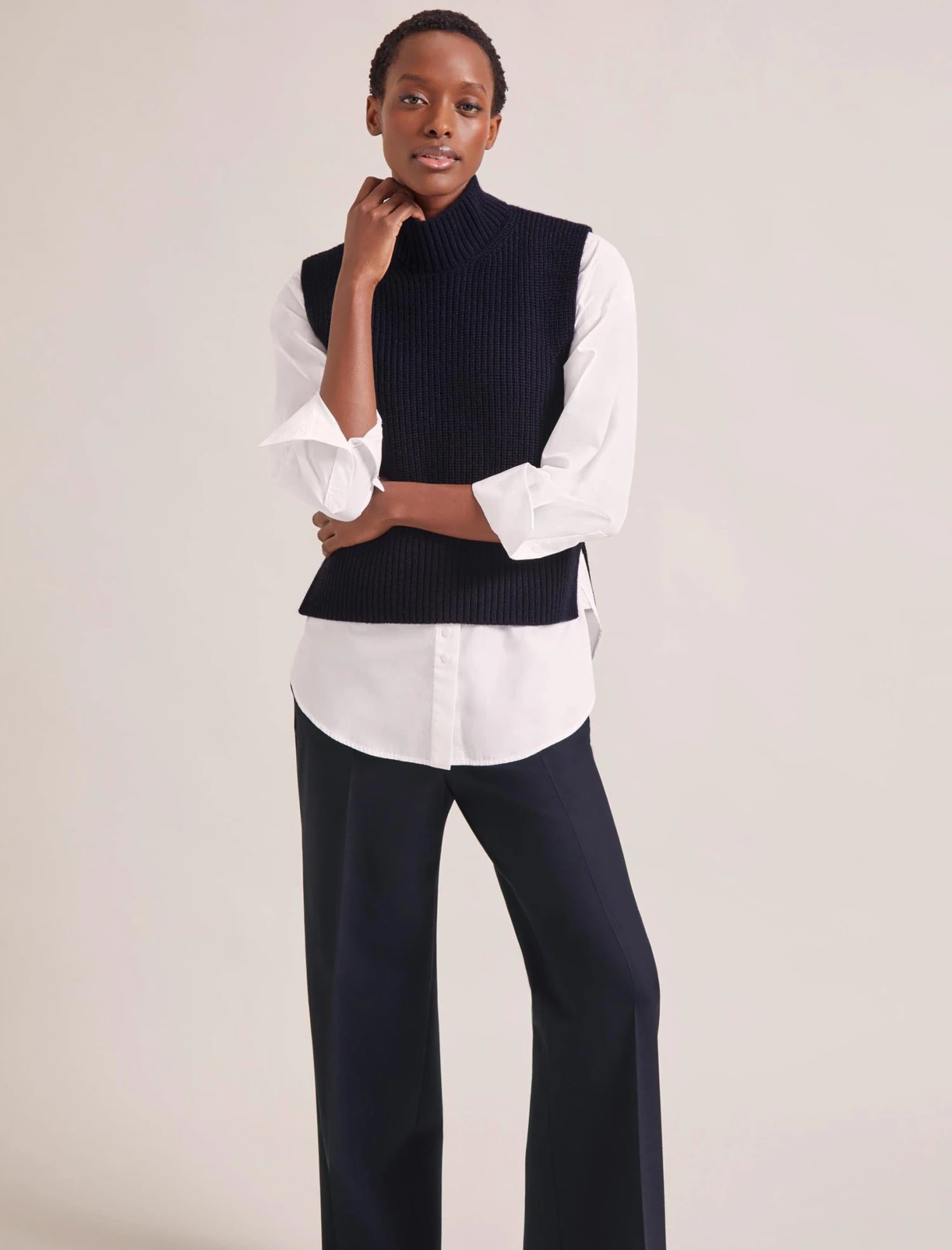 Janie Cashmere Blend Funnel Neck Sleeveless Jumper - Navy 2 Janie Cashmere Blend Funnel Neck Sleeveless Jumper - Navy - Image 2