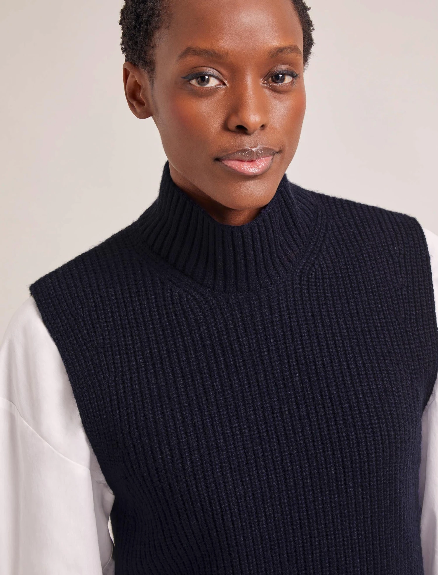 Janie Cashmere Blend Funnel Neck Sleeveless Jumper - Navy 1 Janie Cashmere Blend Funnel Neck Sleeveless Jumper - Navy