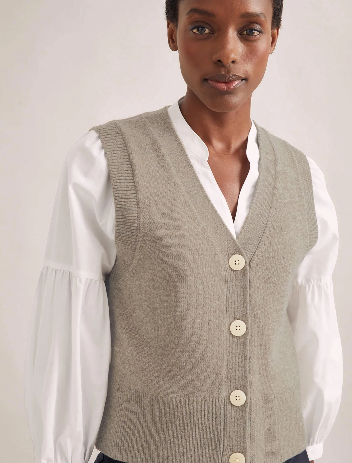 Meryl Wool V Neck Waistcoat - Taupe - Image 3