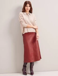 Tiana Leather Midi Skirt - Red -CEFINN Shop RSHT SK119 TIANA RED LS 0534