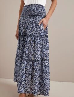 Kira Cotton Blend Maxi Skirt - Blue Ditsy Carnation Print -CEFINN Shop RSHT SK169 KIRA BLUE DITSY CARNATION PRINT LS 2920