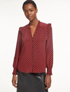 Stella Silk Shirt - Lipstick White Polka Dot -CEFINN Shop SP23 S46 STELLA LIPSTICKWHITEPOLKADOT LS 0469