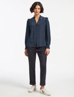 Stella Silk Shirt - Navy Turquoise Polka Dot -CEFINN Shop SP23 S46 STELLA NAVY TURQUOISE POLKA DOT LS 16167