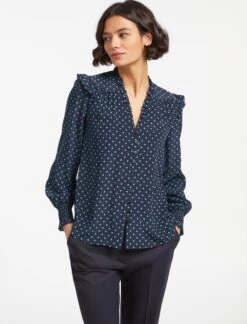 Stella Silk Shirt - Navy Turquoise Polka Dot -CEFINN Shop SP23 S46 STELLA NAVY TURQUOISE POLKA DOT LS 16179