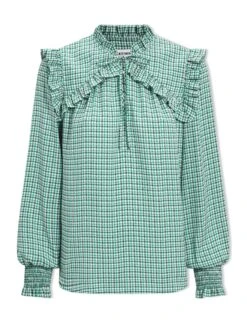 Bay Blouse - Ecru Green Houndstooth Print -CEFINN Shop SP24 B155 BAY ECRUGREENHOUNDSTOOTHPRINT LS