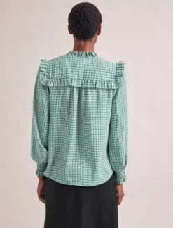 Bay Blouse - Ecru Green Houndstooth Print -CEFINN Shop SP24 B155 BAY ECRUGREENHOUNDSTOOTHPRINT LS 1059