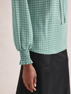 Bay Blouse - Ecru Green Houndstooth Print -CEFINN Shop SP24 B155 BAY ECRUGREENHOUNDSTOOTHPRINT LS 1073
