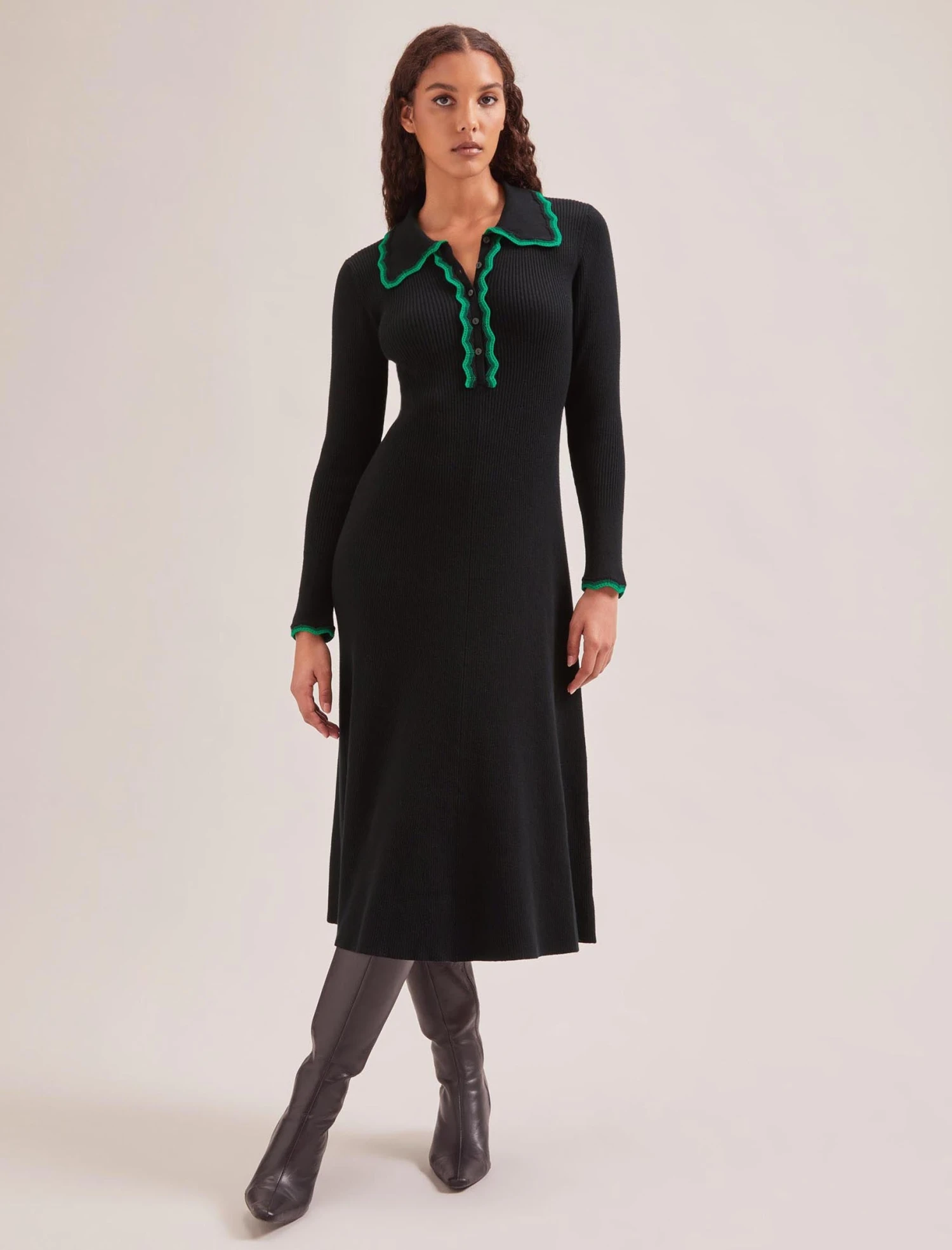Josie Wool Knit Dress - Black Emerald Green 4 Josie Wool Knit Dress - Black Emerald Green - Image 4