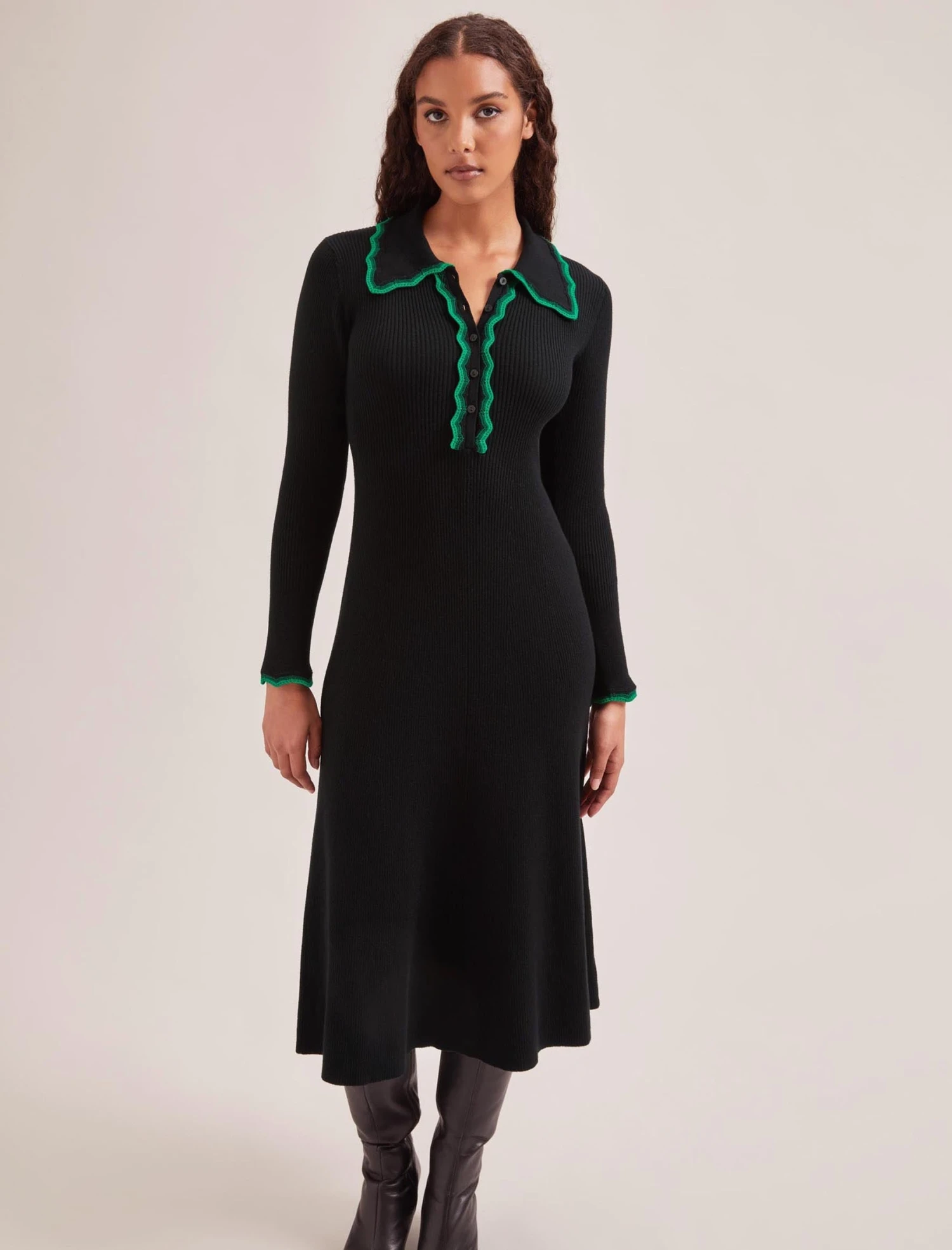 Josie Wool Knit Dress - Black Emerald Green 3 Josie Wool Knit Dress - Black Emerald Green - Image 3