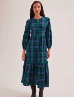 Daphne Organic Cotton Seersucker Maxi Dress - Navy Green -CEFINN Shop SP24 D606 DAPHNE NAVYGREEN LS 1137