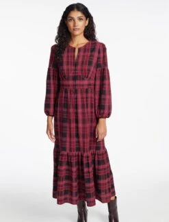 Daphne Organic Cotton Seersucker Maxi Dress - Red Black -CEFINN Shop SP24 D606 DAPHNE RED BLACK LS 1021