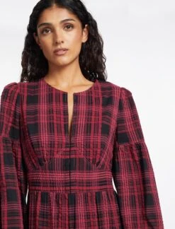 Daphne Organic Cotton Seersucker Maxi Dress - Red Black -CEFINN Shop SP24 D606 DAPHNE RED BLACK LS 1035