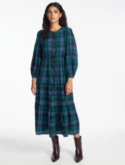 Alice Organic Cotton Seersucker Maxi Dress - Navy Green -CEFINN Shop SP24 D607 ALICE NAVY GREEN LS 1085