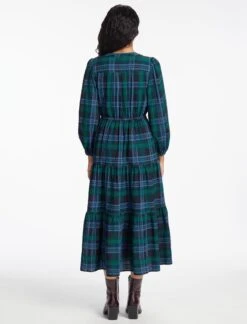 Alice Organic Cotton Seersucker Maxi Dress - Navy Green -CEFINN Shop SP24 D607 ALICE NAVY GREEN LS 1138