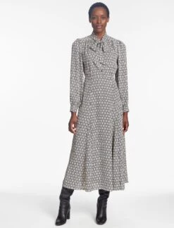 Elspeth Maxi Dress - Ecru Black Trellis Print -CEFINN Shop SP24 D610 ELPETH ECRU BLACK TRELLIS PRINT LS 298