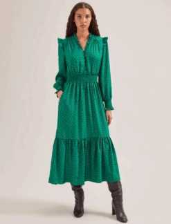 Saskia Maxi Dress - Green Black Polka Dot Print -CEFINN Shop SP24 D613 SASKIA GREENBLACKPOLKADOTPRINT LS 760