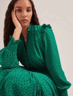 Saskia Maxi Dress - Green Black Polka Dot Print -CEFINN Shop SP24 D613 SASKIA GREENBLACKPOLKADOTPRINT LS 858
