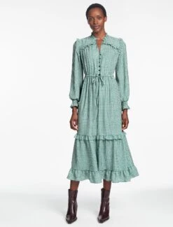 Loretta Maxi Dress - Ecru Green Houndstooth Print -CEFINN Shop SP24 D616 LORETTA GREEN BLACK TRELLIS PRINT LS 847