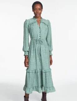 Loretta Maxi Dress - Ecru Green Houndstooth Print -CEFINN Shop SP24 D616 LORETTA GREEN BLACK TRELLIS PRINT LS 860