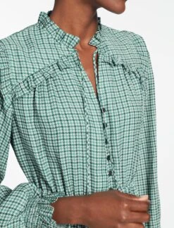 Loretta Maxi Dress - Ecru Green Houndstooth Print -CEFINN Shop SP24 D616 LORETTA GREEN BLACK TRELLIS PRINT LS 865