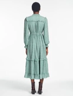 Loretta Maxi Dress - Ecru Green Houndstooth Print -CEFINN Shop SP24 D616 LORETTA GREEN BLACK TRELLIS PRINT LS 879