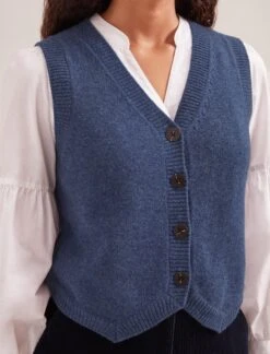Wesley Cashmere Blend V Neck Waistcoat - Denim Blue -CEFINN Shop SP24 K82 WESLEY DENIMBLUE LS 1539