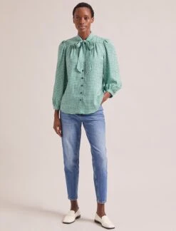 Aubrey Shirt - Ecru Green Houndstooth Print -CEFINN Shop SP24 S84 AUBREY ECRUGREENHOUNDSTOOTHPRINT LS 0094
