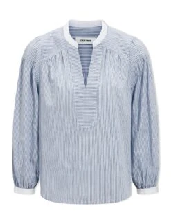 Erica Organic Cotton Shirt - Mid Stripe Blue White -CEFINN Shop SP24 S87 ERICA MIDBLUEWHITESTRIPE LS