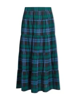 Maria Organic Cotton Seersucker Maxi Skirt - Navy Green -CEFINN Shop SP24 SK185 MARIA NAVYGREEN LS