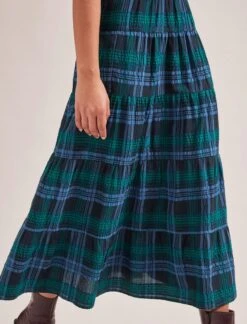 Maria Organic Cotton Seersucker Maxi Skirt - Navy Green -CEFINN Shop SP24 SK185 MARIA NAVYGREEN LS 1336