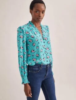 Stella Silk Shirt - Mint Posy Print -CEFINN Shop STELLA MINT ROSE 2514