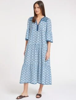 Hester Cotton Maxi Dress - Blue Diamond Geo Print -CEFINN Shop SU23 D52 HESTER BLUEDIAMONDGEOPRINT LS 59053