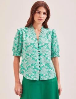 Stella Silk Blouse - Green Damask Print -CEFINN Shop SU24 B158 STELLA GREENDAMASKPRINT LS 056