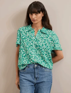 Pippi Cotton Blend Blouse - Mid Green Blossom Print -CEFINN Shop SU24 B159 PIPPI MIDGREENBLOSSOMPRINT LS 1241