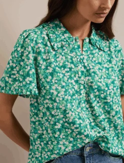 Pippi Cotton Blend Blouse - Mid Green Blossom Print -CEFINN Shop SU24 B159 PIPPI MIDGREENBLOSSOMPRINT LS 1276