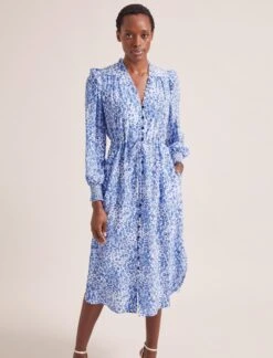 Stella Silk Midi Dress - Blue Leopard Pansy Print -CEFINN Shop SU24 D368 STELLA BLUELEOPARDPANSYPRINT LS 1847copy