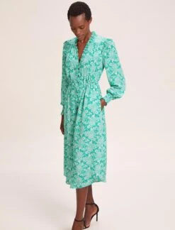 Stella Silk Midi Dress - Green Damask Print -CEFINN Shop SU24 D368 STELLA GREENDAMASKPRINTS LS 39145