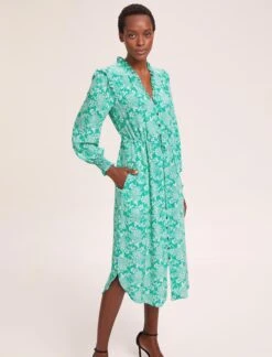 Stella Silk Midi Dress - Green Damask Print -CEFINN Shop SU24 D368 STELLA GREENDAMASKPRINTS LS 39153
