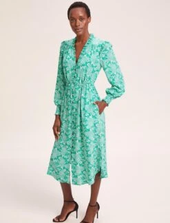 Stella Silk Midi Dress - Green Damask Print -CEFINN Shop SU24 D368 STELLA GREENDAMASKPRINTS LS 39157