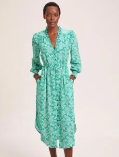 Stella Silk Midi Dress - Green Damask Print -CEFINN Shop SU24 D368 STELLA GREENDAMASKPRINTS LS 39160