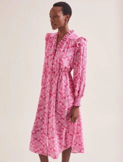 Stella Silk Midi Dress - Hot Pink Damask Print -CEFINN Shop SU24 D368 STELLA HOT PINK DAMASK PRINT LS 0379