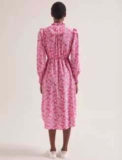Stella Silk Midi Dress - Hot Pink Damask Print -CEFINN Shop SU24 D368 STELLA HOT PINK DAMASK PRINT LS 0408