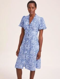 Tabby Silk Tea Dress - Blue Leopard Pansy Print -CEFINN Shop SU24 D519 TABBY BLUELEOPARDPANSYPRINT LS 39778