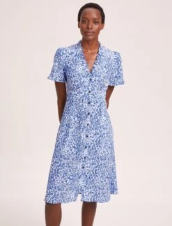 Tabby Silk Tea Dress - Blue Leopard Pansy Print -CEFINN Shop SU24 D519 TABBY BLUELEOPARDPANSYPRINT LS 39785