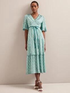 Cordelia Cotton Blend Maxi Dress - White Green Tudor Rose Print -CEFINN Shop SU24 D543 CORDELIA WHITEGREENTUDORPRINT LS 5918