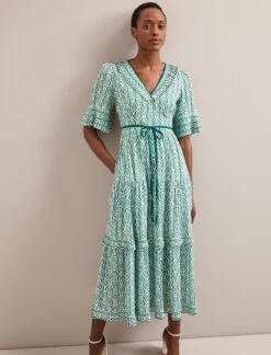 Cordelia Cotton Blend Maxi Dress - White Green Tudor Rose Print -CEFINN Shop SU24 D543 CORDELIA WHITEGREENTUDORPRINT LS 5951