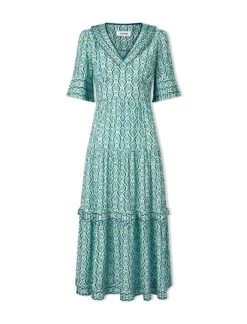 Cordelia Cotton Blend Maxi Dress - White Green Tudor Rose Print -CEFINN Shop SU24 D543 CORDELIA WHITEGREENTUDORROSEPRINT CO