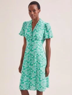 Tabby Silk Tea Dress - Green Damask Print -CEFINN Shop SU24 D579 TABBY GREEN DAMASK PRINT LS 0318